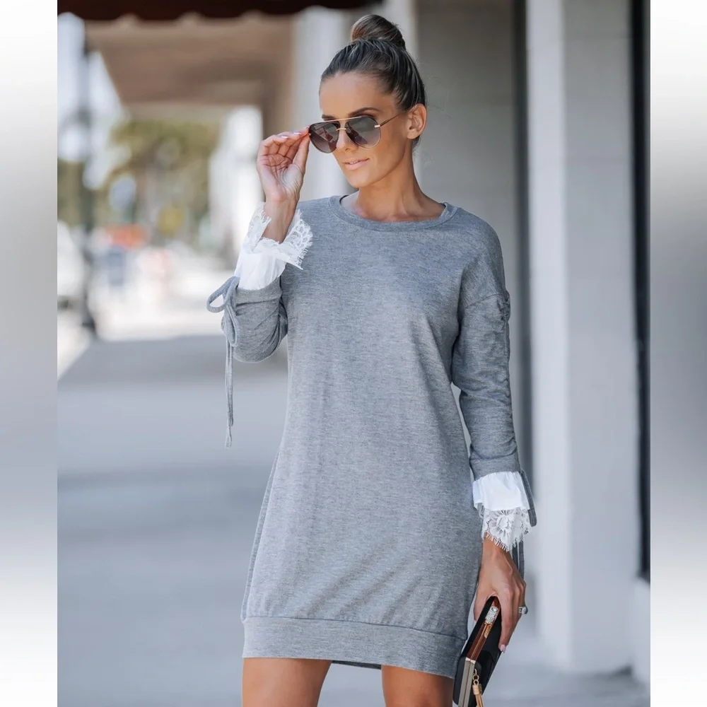 04 Chic Round neck ruching long sleeve lace contrast sweater knit midi Dress - Picture 3 of 7